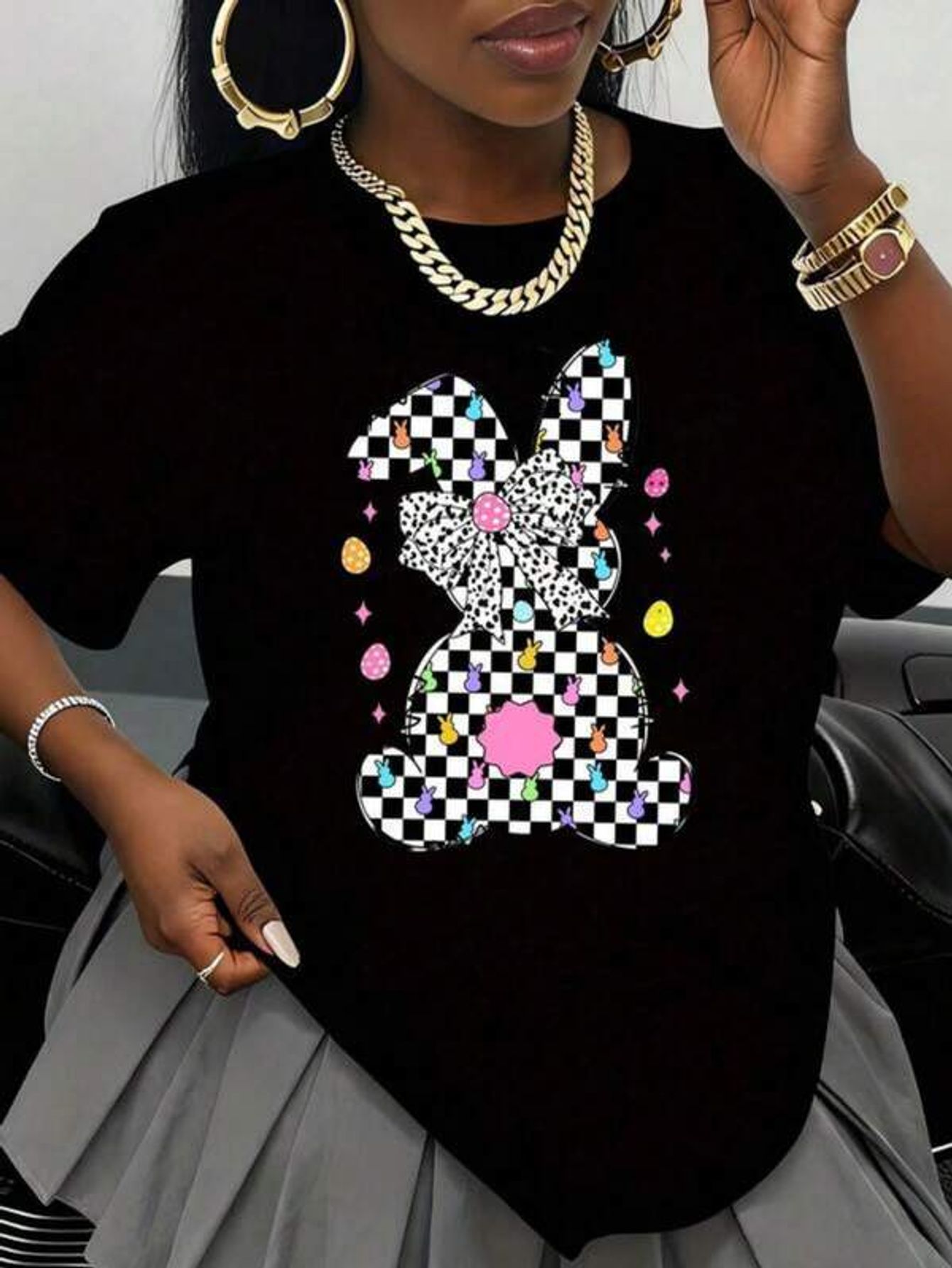 Men'S Fashion Outfit Ideas - Black T Shirt With Checkerboard Bunny