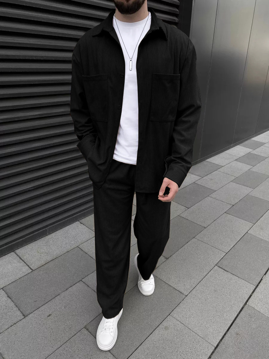 Men Fashion Upper - Men's corduroy two-piece outfit: long-sleeved button-down